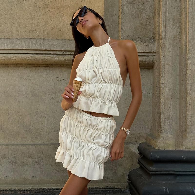 Womens Y2K Boho Two Piece Skirt Set Pleated Ruffled Backless Sexy Crop Tank Tops Lace Up See Through Outfits - Image 5