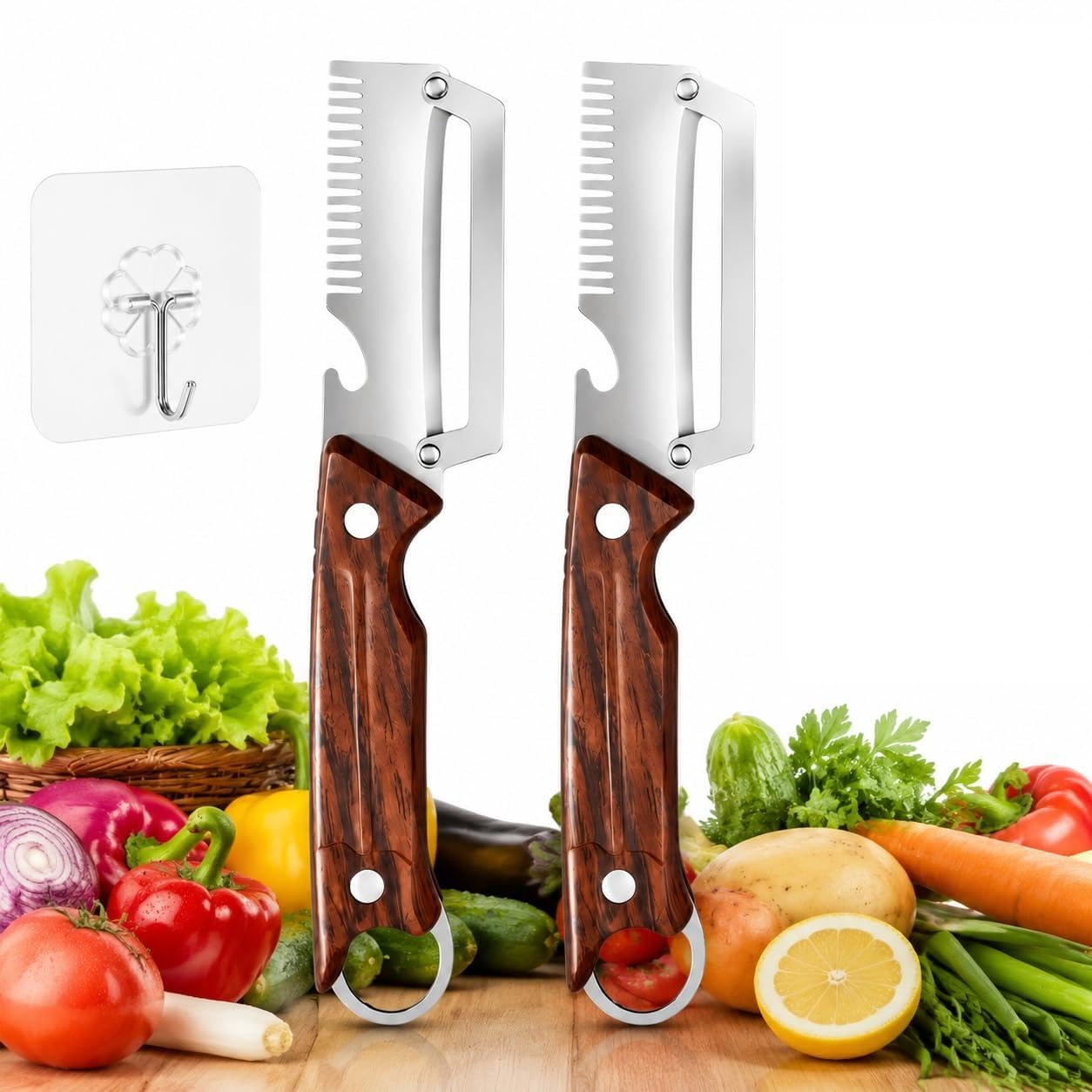 Shredder Knife, 2026 New Elite 3-in-1 Peeler Shredder & Bottle Opener, Kitchen Shredding Knife Julienne Peeler Veg, Stainless Steel with Wooden Handle, Peeler for Potato Fruit Veg, 2PCS(B)