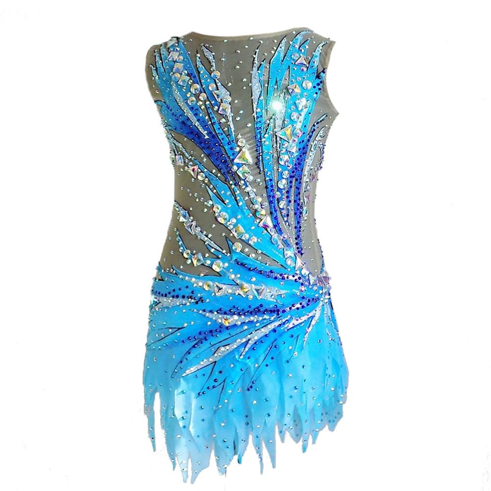 Justaucorps De Gymnastique Rythmique Femme Fille Justaucorps Bleu Spandex Haute Élasticité Respirable Fait À La Main A Bijoux Style Diamant Sans Manches