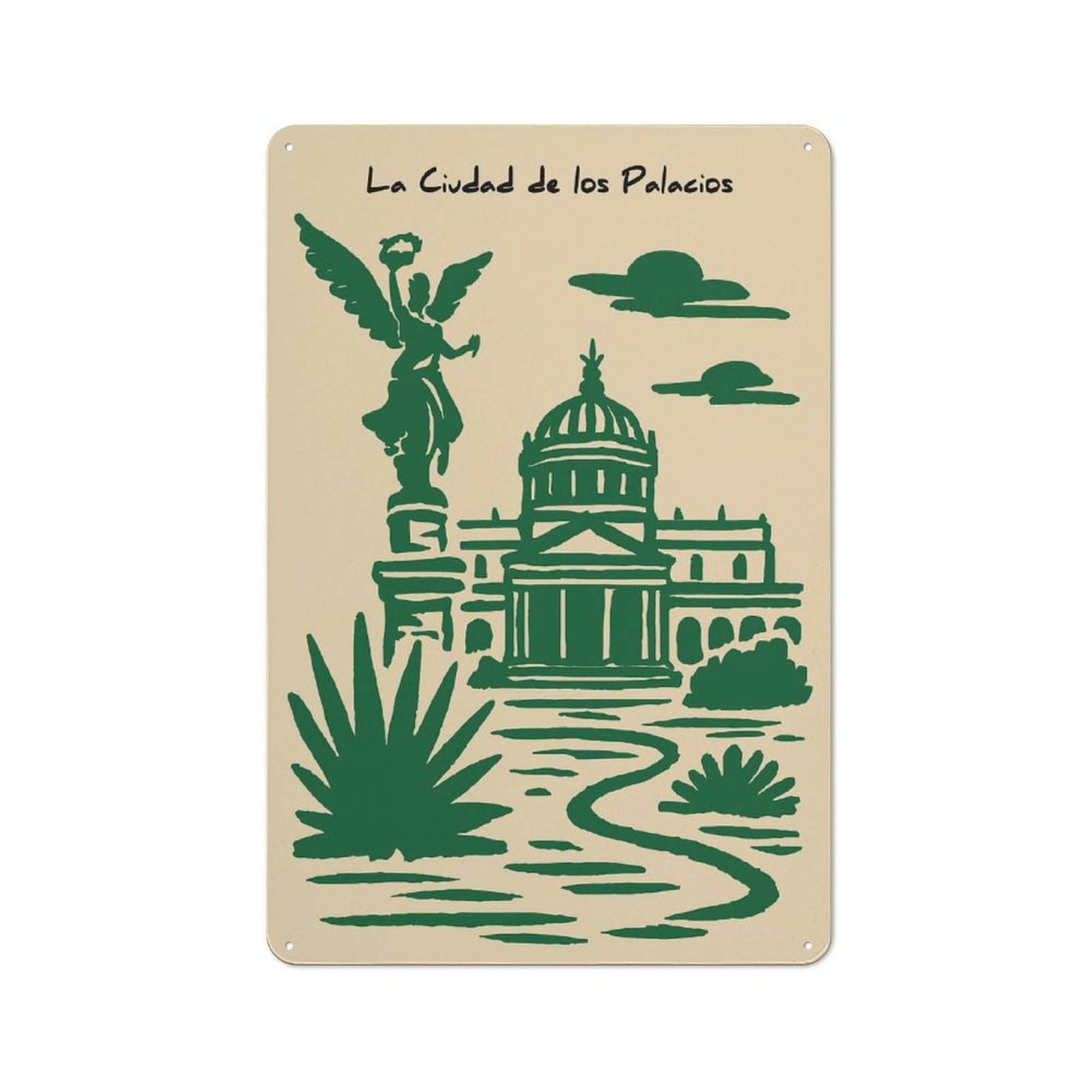 Junmoney Style-14 Metal Sign 30X20cm With Angel Of Independence And Palacio De Bellas Artes For Hallway Wall, Retro Decor, Gift For Hallway Decor Lovers During The Christmas Season