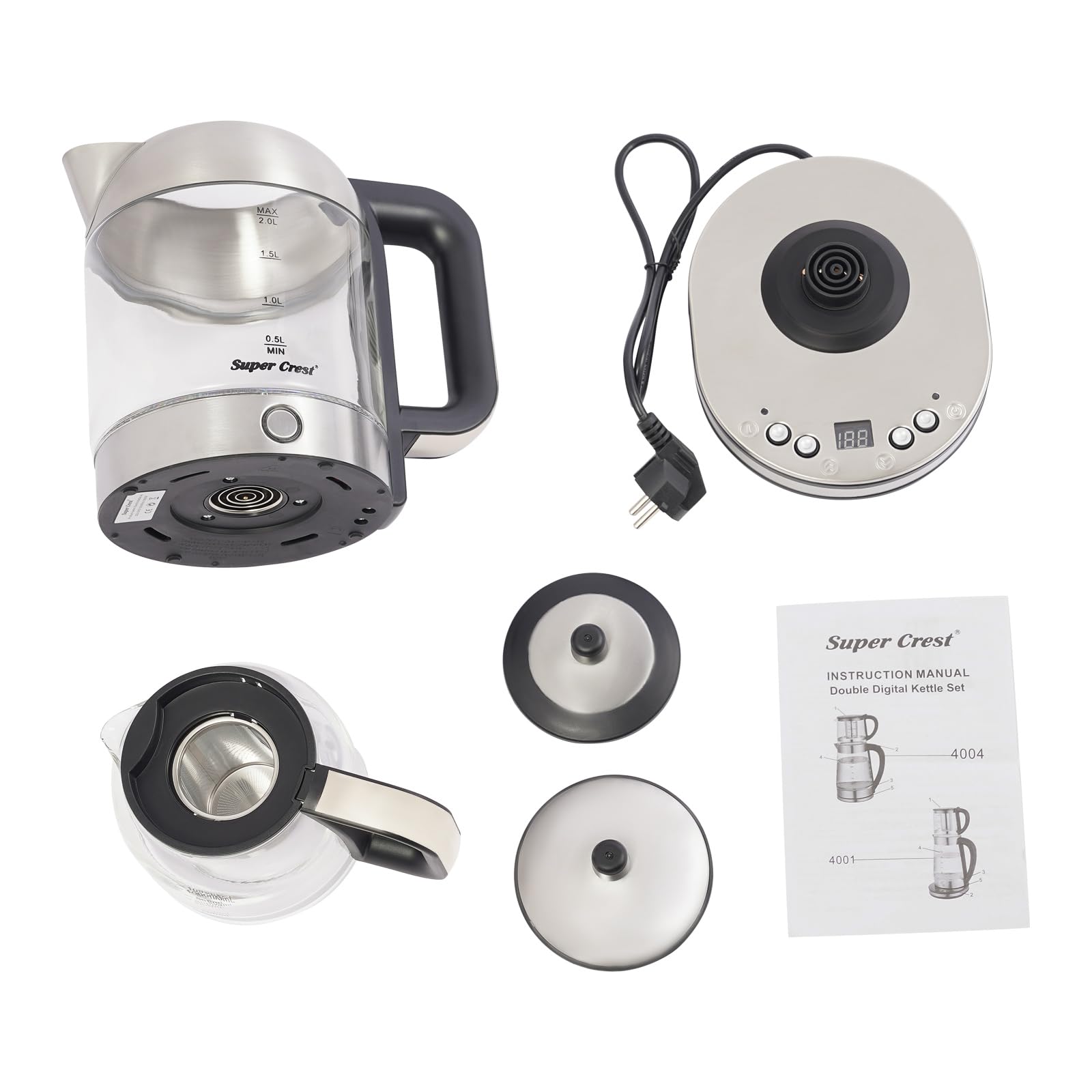 Bollitore elettrico in vetro da 1 + 2 l, con regolazione della temperatura (40 – 100 °C) e funzione di mantenimento del calore (40 – 90 °C), per camera da letto, cucina, dormitori