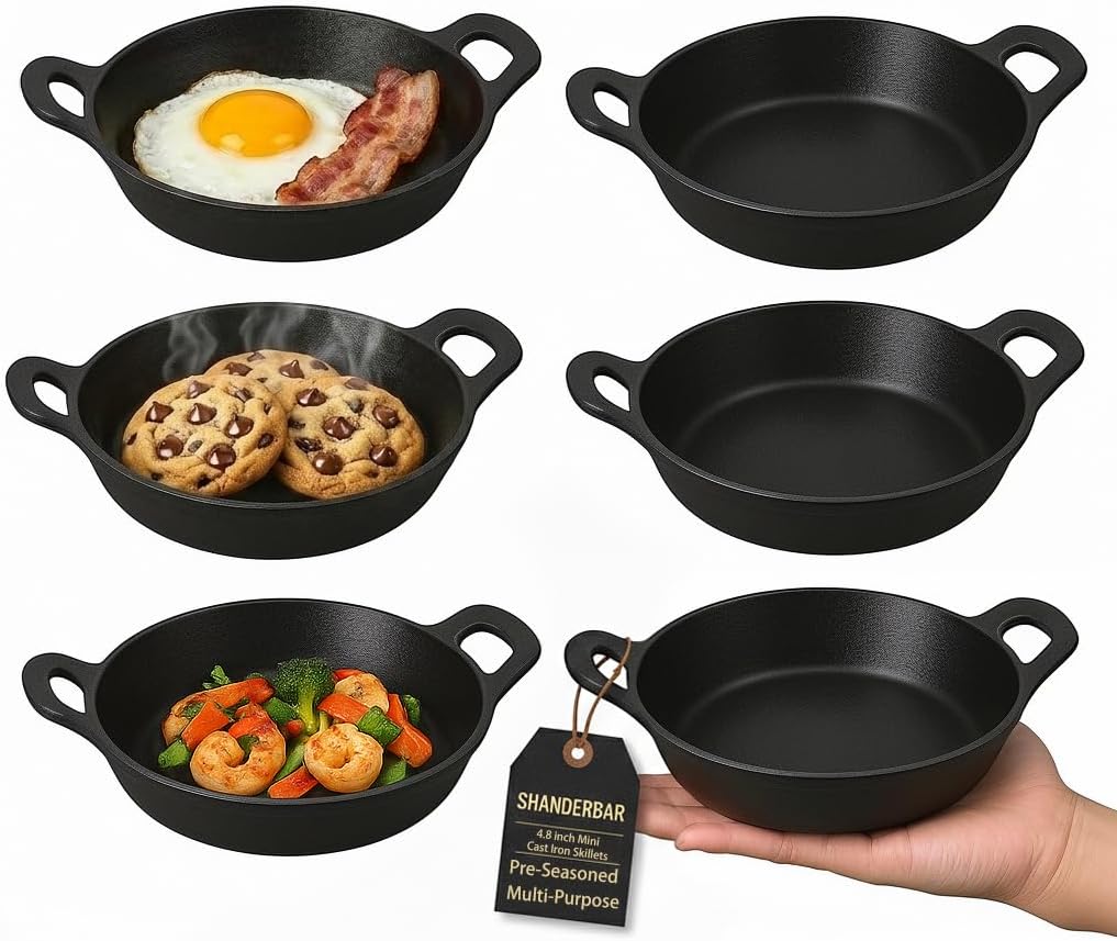 Mini Cast Iron Skillets Set of 6, 4.8 x 4.8 x 1.3 Inch Small Cast Iron Pan with Handle, Mini Ramekins Round Black Casserole Dish Cookware Small Skillets for Serving Food Frying Baking Cooking Roasting