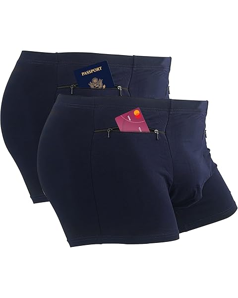 LUEXBOX Pocket Underwear for Men with Secret Hidden Pocket, Travel Boxer Briefs, 2 Packs (Dark Blue)