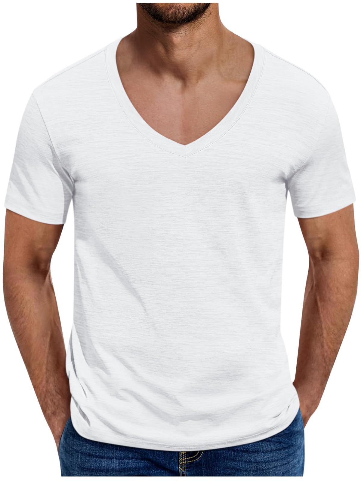 ORANDESIGNE Tshirt Herren Sommer T-Shirt V-Ausschnitt Regular Fit Kurzarm Freizeitshirt Atmungsaktiv Tee Shirt A Weiß S