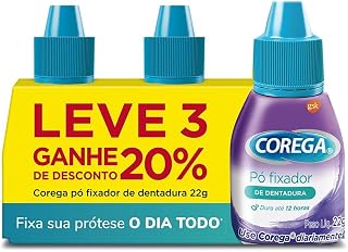 Corega Pó Fixador de Dentaduras de Uso Diário, Forte Fixação por Até 12h, Cor Roxa, Kit 3 Unidades, 22g Cada