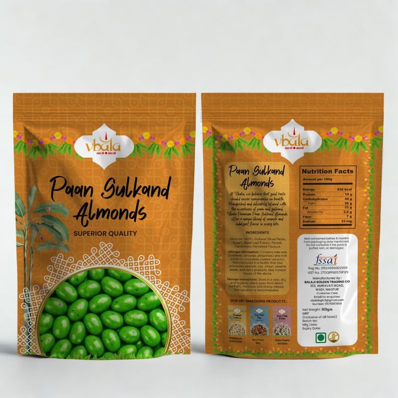 Image of Vbalaa Paan Gulkand Almonds 300gm | A Refreshing Paan Flavor Coated Almonds | 100% Natural & Pure | No Added Preservatives & Colors | Rich in Nutrition | Ideal for Snacking & Gifting