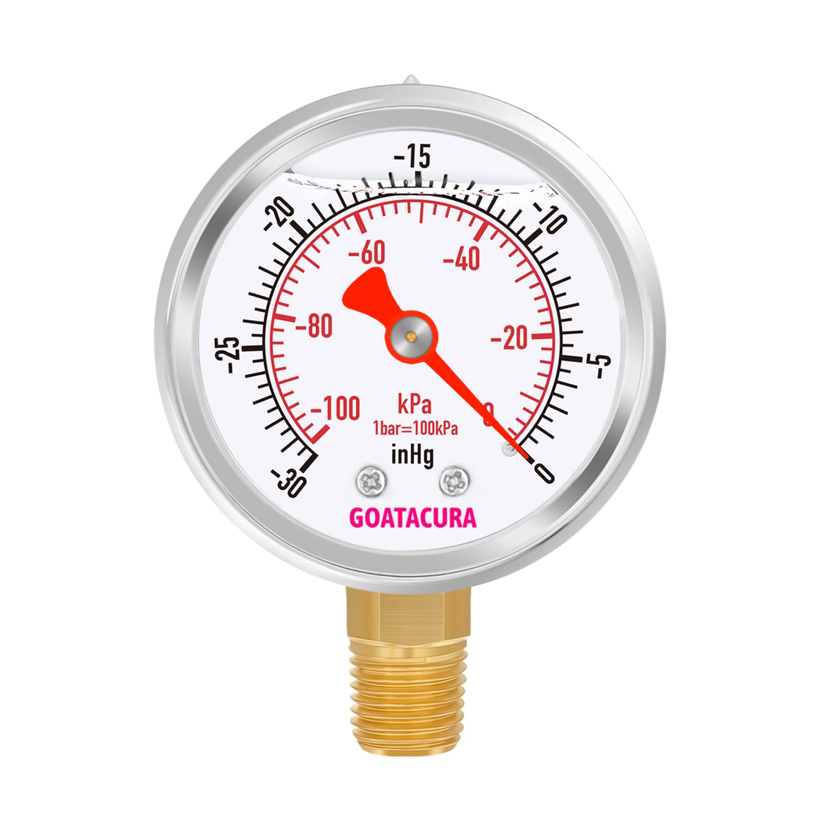 GOATACURA -30inHg/kpa-0 Glycerin Filled Vacuum Pressure Gauge, 2" Dial Size, 304 Stainless Steel Case, 1/4" NPT Lower Mount, with High Accuracy