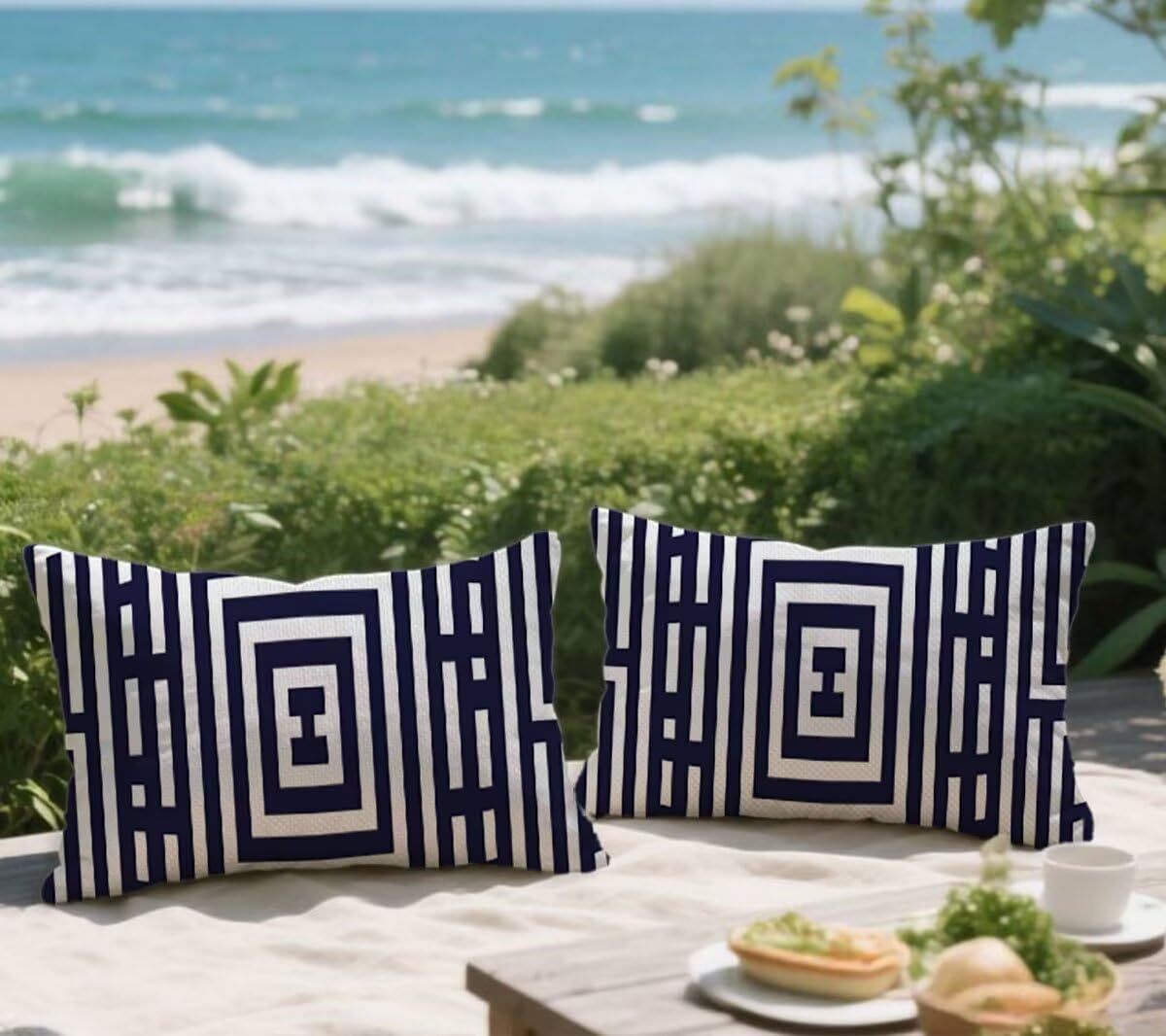 Outdoor Pillows Navy Outdoor Pillow Covers Striped 16x26 in Set of 2 Waterproof Linen Cushion Covers Garden Furniture Lumbar Pillowcases for Summer Fall Sofa Chair Decor, Gifts for Women Z-518