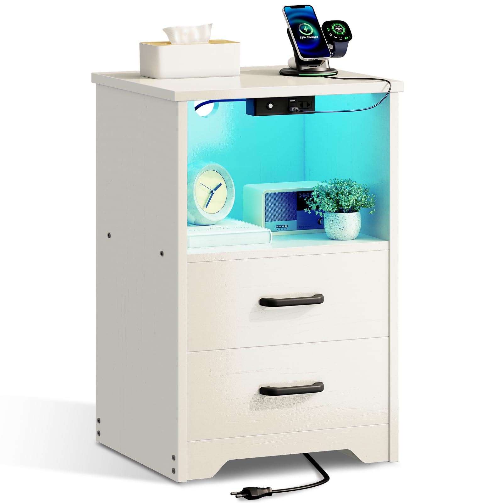 Coleshome Mesitas de Noche, Mesita de Noche Blanquecino con 2 Enchufes y 2 Puertos USB, LED de 10 Colores, Mesa de Noche Dormitorio con 2 Cajones de Madera y un Espacio de Almacenamiento, 1 Paquete
