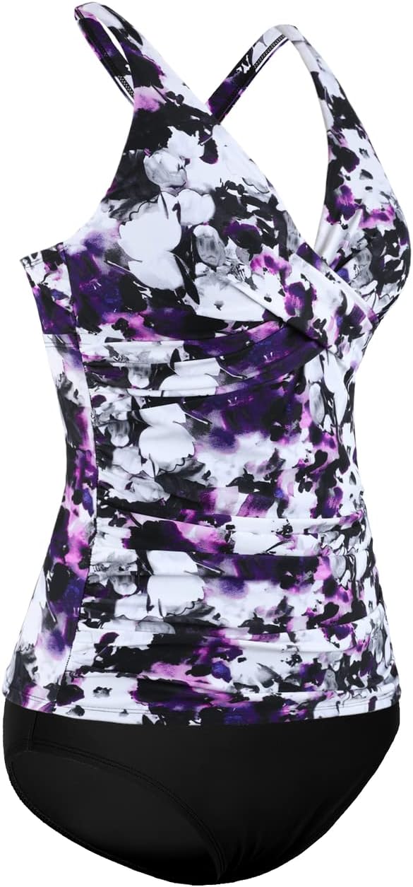 Hilor Women's Tankini Bathing Suits Front Twist V Neck Swim Tops Tummy Control Two Piece Bathing Suits Shirred Swimwear
