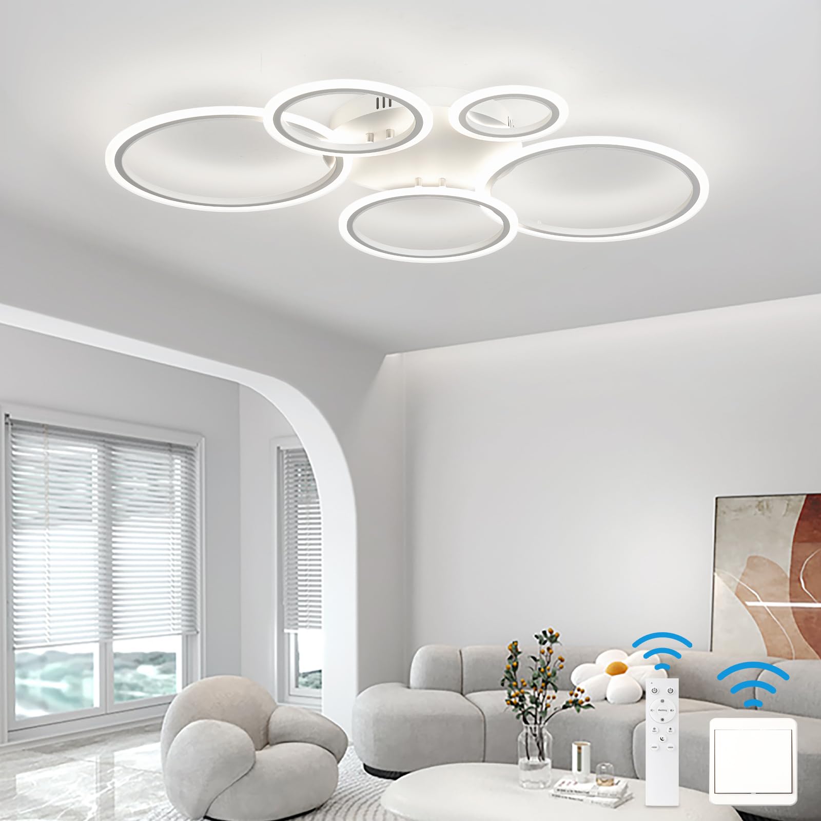 Kelukes White-5 Ring Dimmable Ceiling Light, Living Room Led Ceiling Lamp With Remote Control, Memory Function, 3000K-6500K, Timer, 100Cm Ring Ceiling Light Chandelier, White