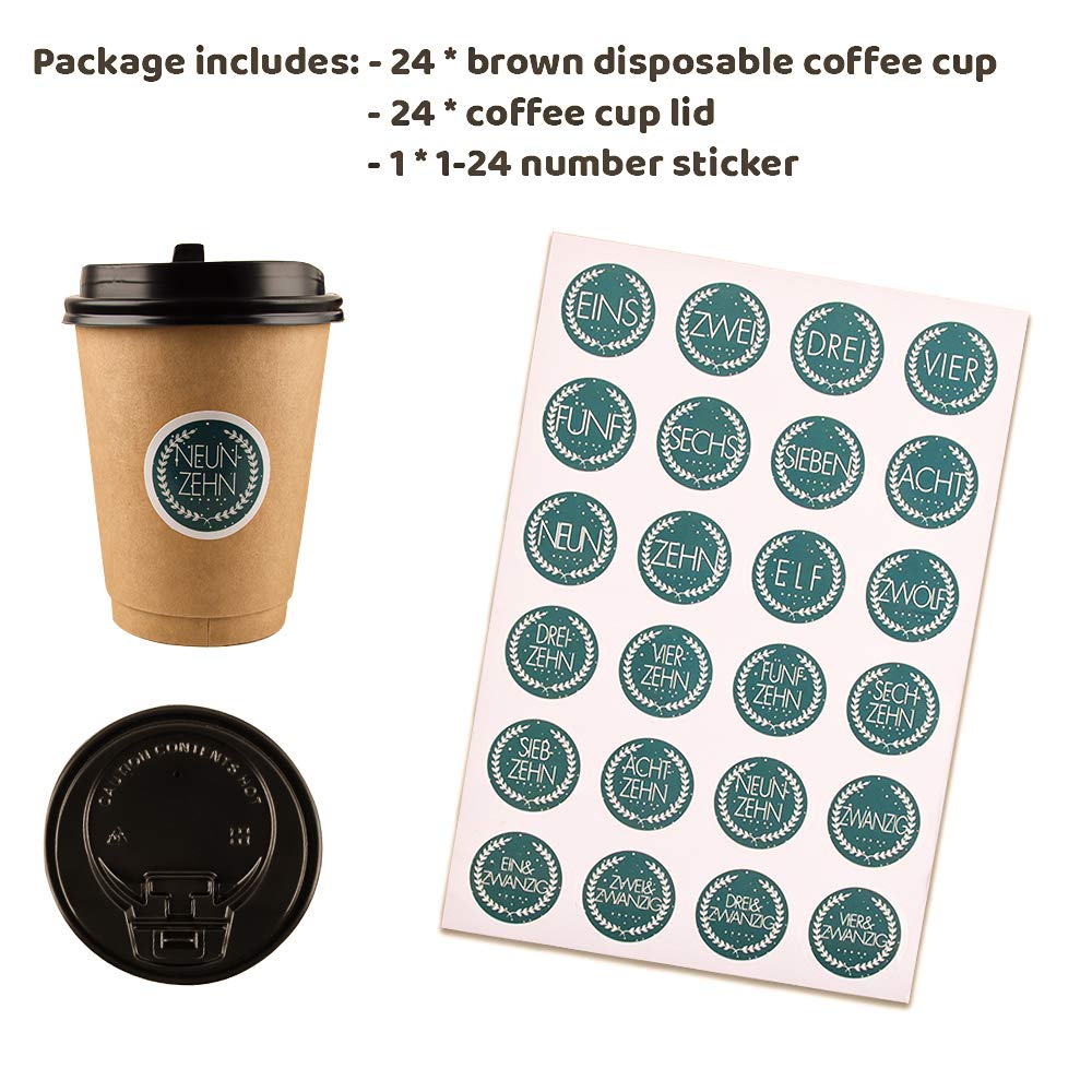 Calendario Dell'Avvento Bicchieri da Caffè, 24 Bicchierini Caffe, Bicchieri Caffe Asporto con Coperchio 400ml, 24 Adesivi Numerati, Usati per la Decorazione e Calendario Dell'Avvento Fai-da-Te (Ciano)