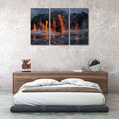 Klvos - 3 Piece Canvas Wall Art Twilight Flow Sea View Of Kilauea Volcano In Big Island Hawaii United States Modern Home Decor Stretched And Framed Ready To Hang - 16"X32"X3 Panels (1 Hawaii Volcano) #TOP3