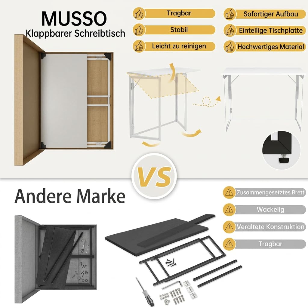MUSSO F5 Klappschreibtisch, 80 x 40 cm, Montagefrei, Weiß | 80 x 40 cm Platte, klappbar, montagefrei, Homeoffice, Studium und Basteln