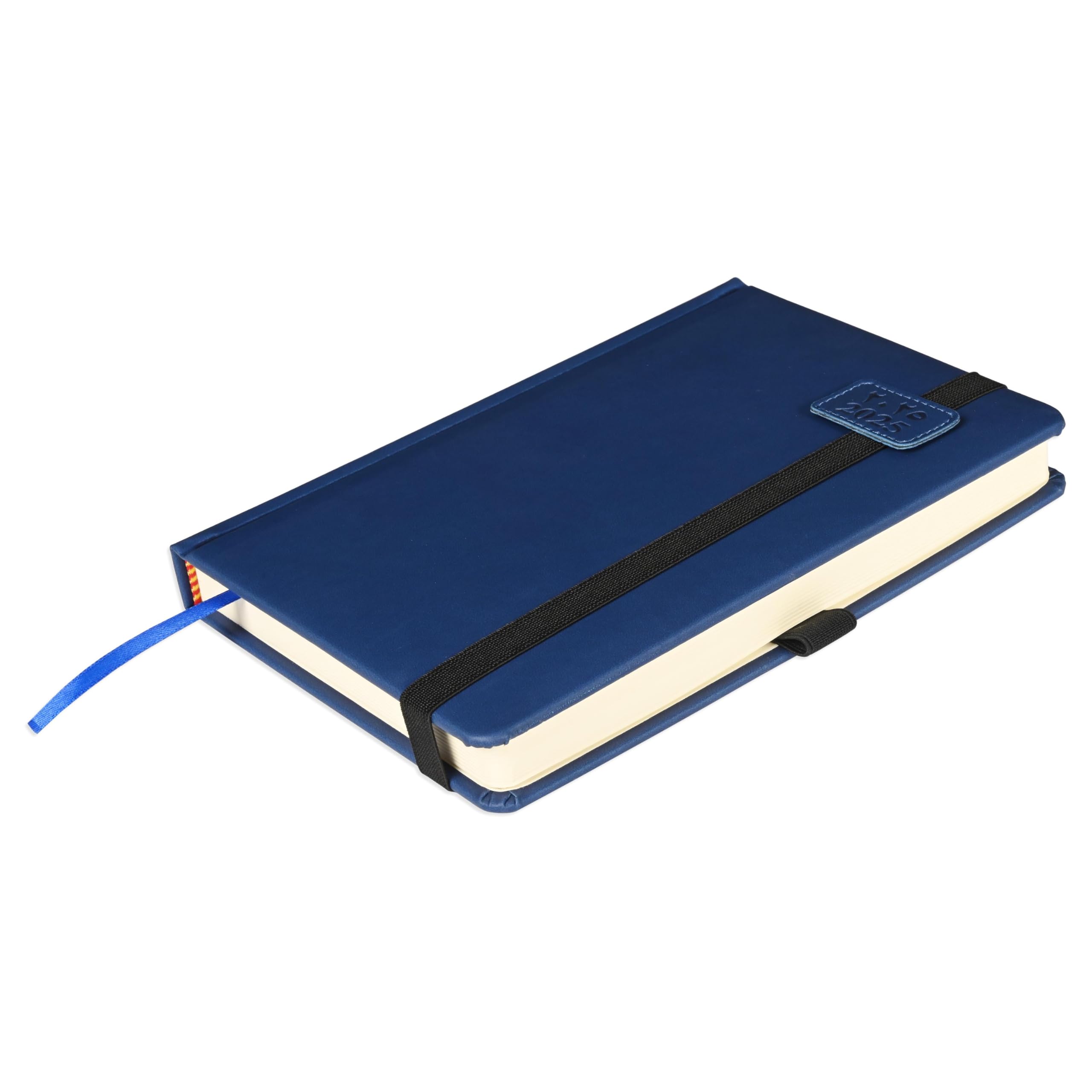 FIS2025 A5 Diary, Italian PU Materials, 1 Side Padded Cover, Round Corners, Elastic Band with Sliding Tag, Size A5(148x210mm), Arabic/English, 70gsm Italian Ivory Paper, Blue Color-FSDI84AE25BL