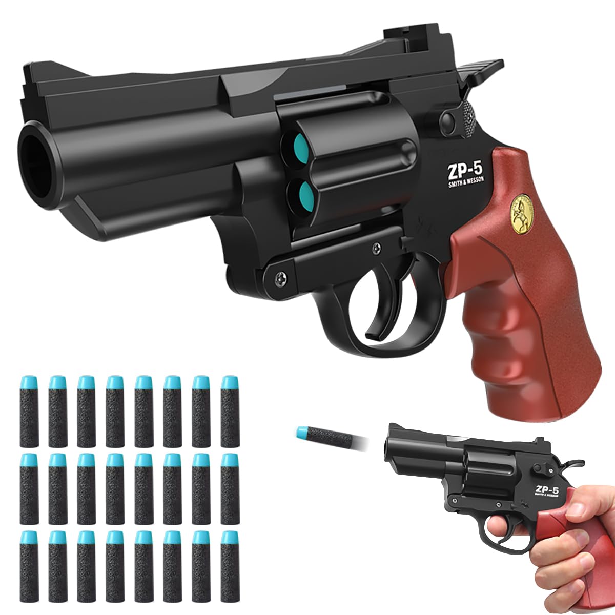 Zabawkowy pistolet rewolwer dla dzieci z 24 miękkimi kulkami magazynek obracany 360° brązowy