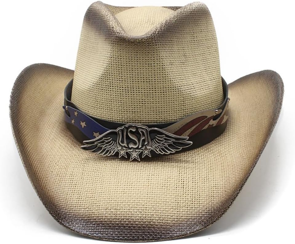 Western Cowboy Hat with USA Eagle Badge, Straw Woven, Brown Ombre Trim
