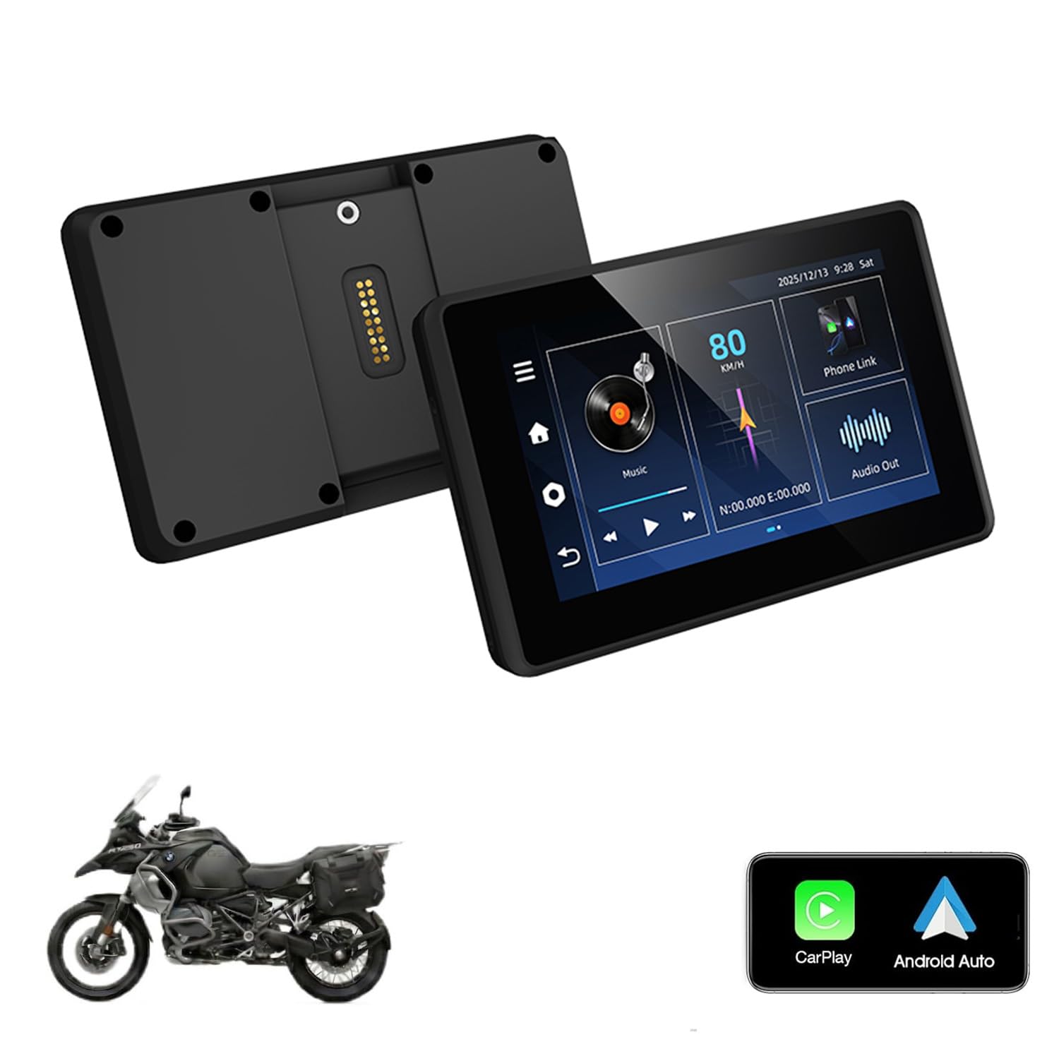 Pantalla CarPlay Inalámbrica 5" Especial para Motos BMW, Android 14 (4GB+64GB) Acceso a Play Store/Apps, Alimentación Pogo Pin (Soporte No Incluido), No es GPS Independiente, IP67 1000Nits