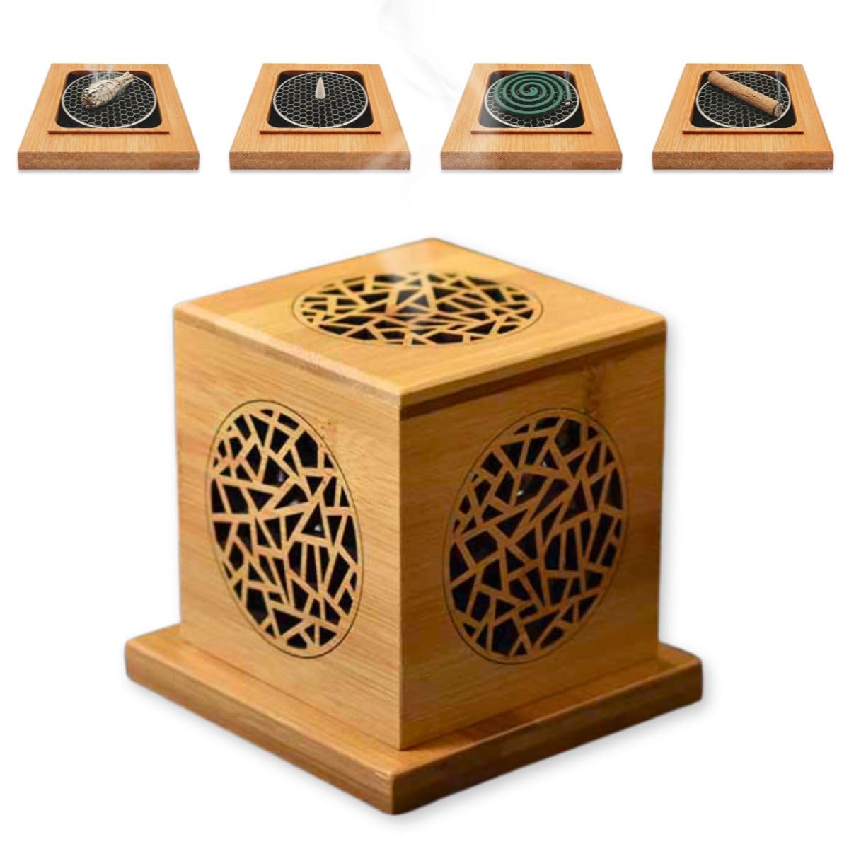 Bamboo Incense Burner with Stainless Steel Net Ice Crackle 3.7x4.3in