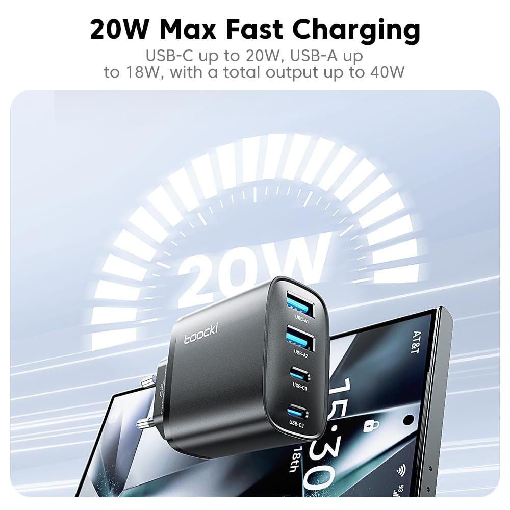 Caricatore USB C, 40 W, blocco di ricarica rapido con 4 porte, alimentatore doppio USB C e connettore QC per iPhone 16/15/14/13/12/11/Pro Max/XS/XR, iPad, Galaxy