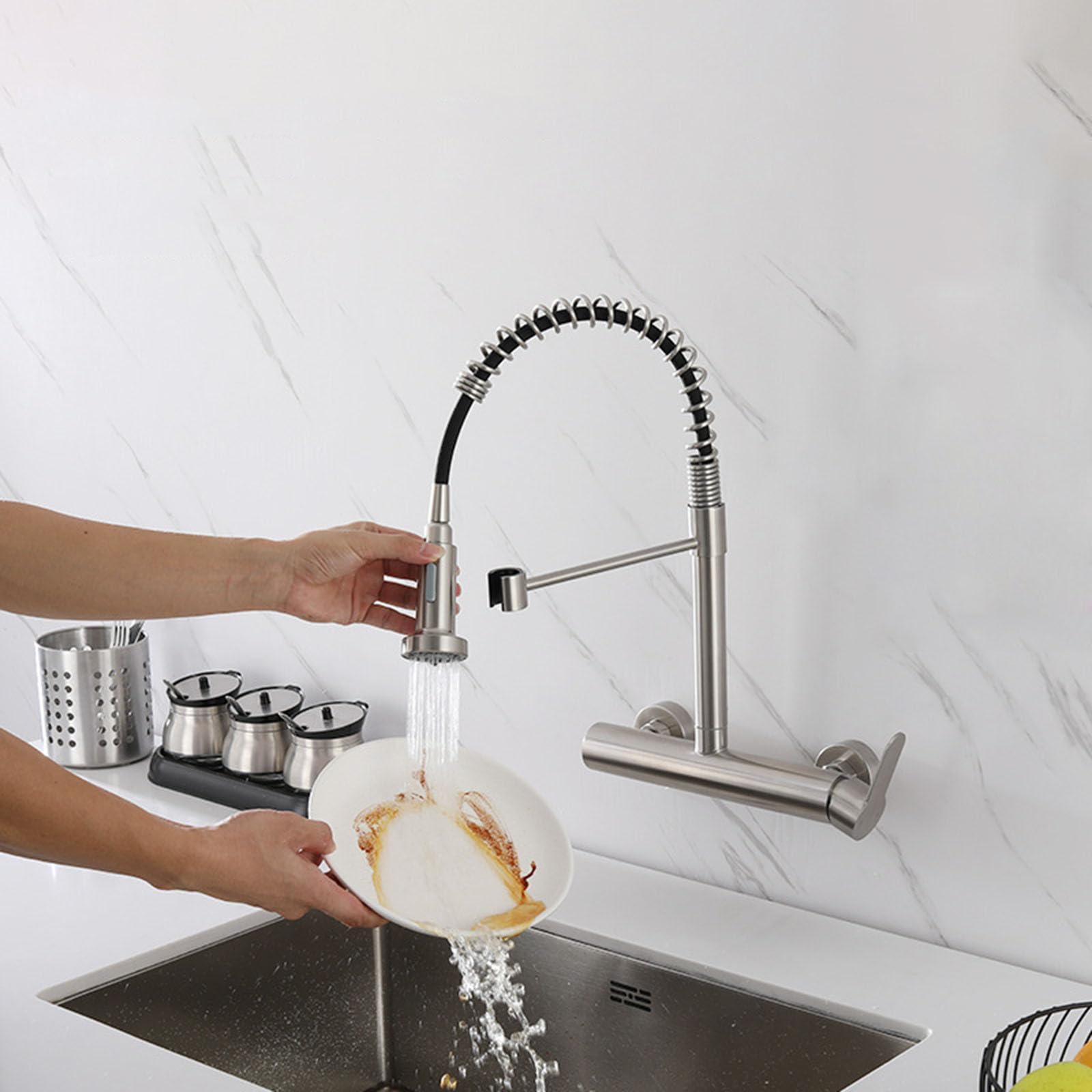 Grifo Cocina Pared 15 cm Cepillado 2 Agujeros Grifo Fregadero Extensible Monomando,Cepillado