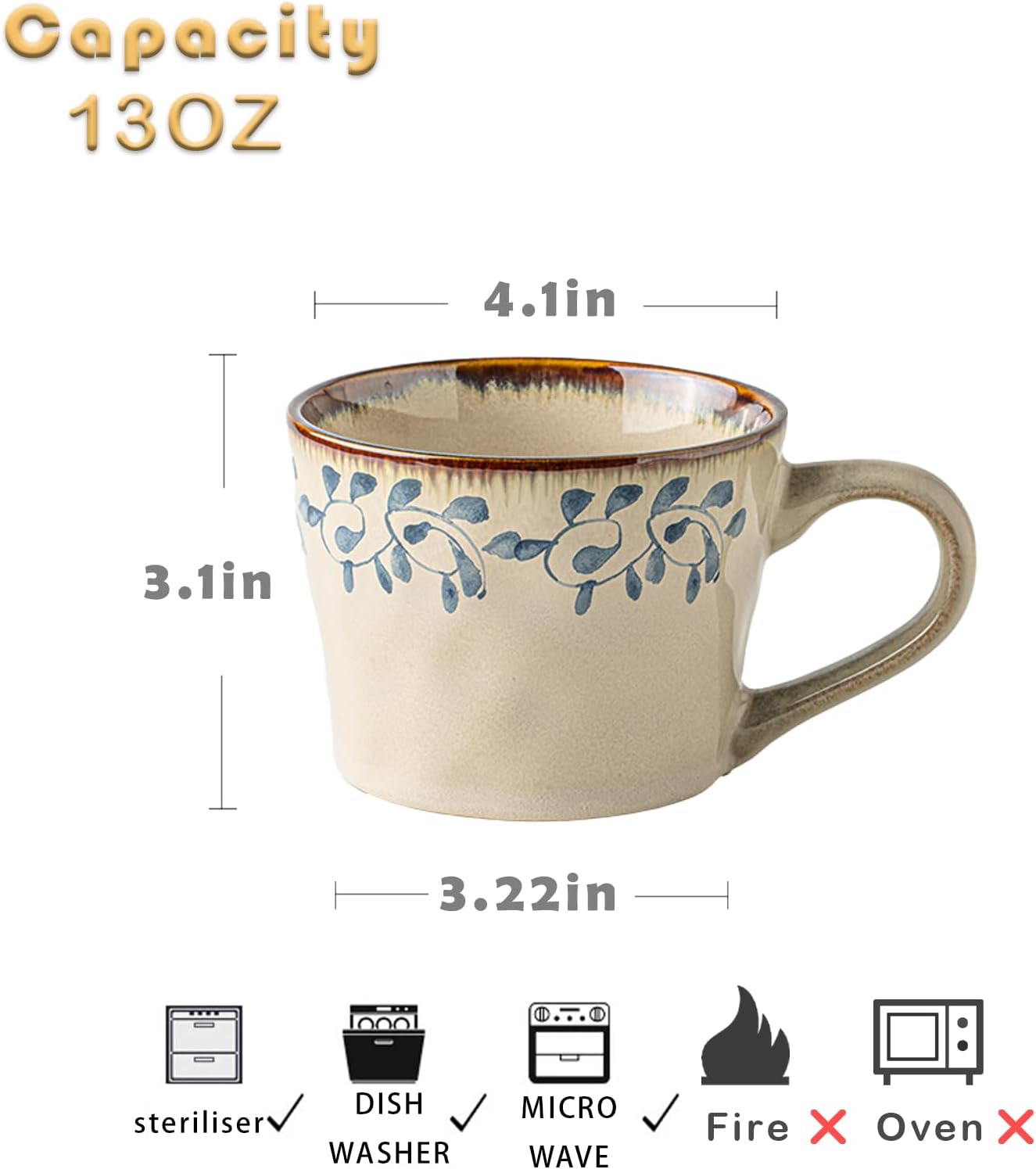 Ceramic Mugs for Men & Women, Unique Microwave & Dishwasher Safe Tea/Coffee Rustic Stoneware Cups for Office & Home (Wind sensitive grass) - Image 5
