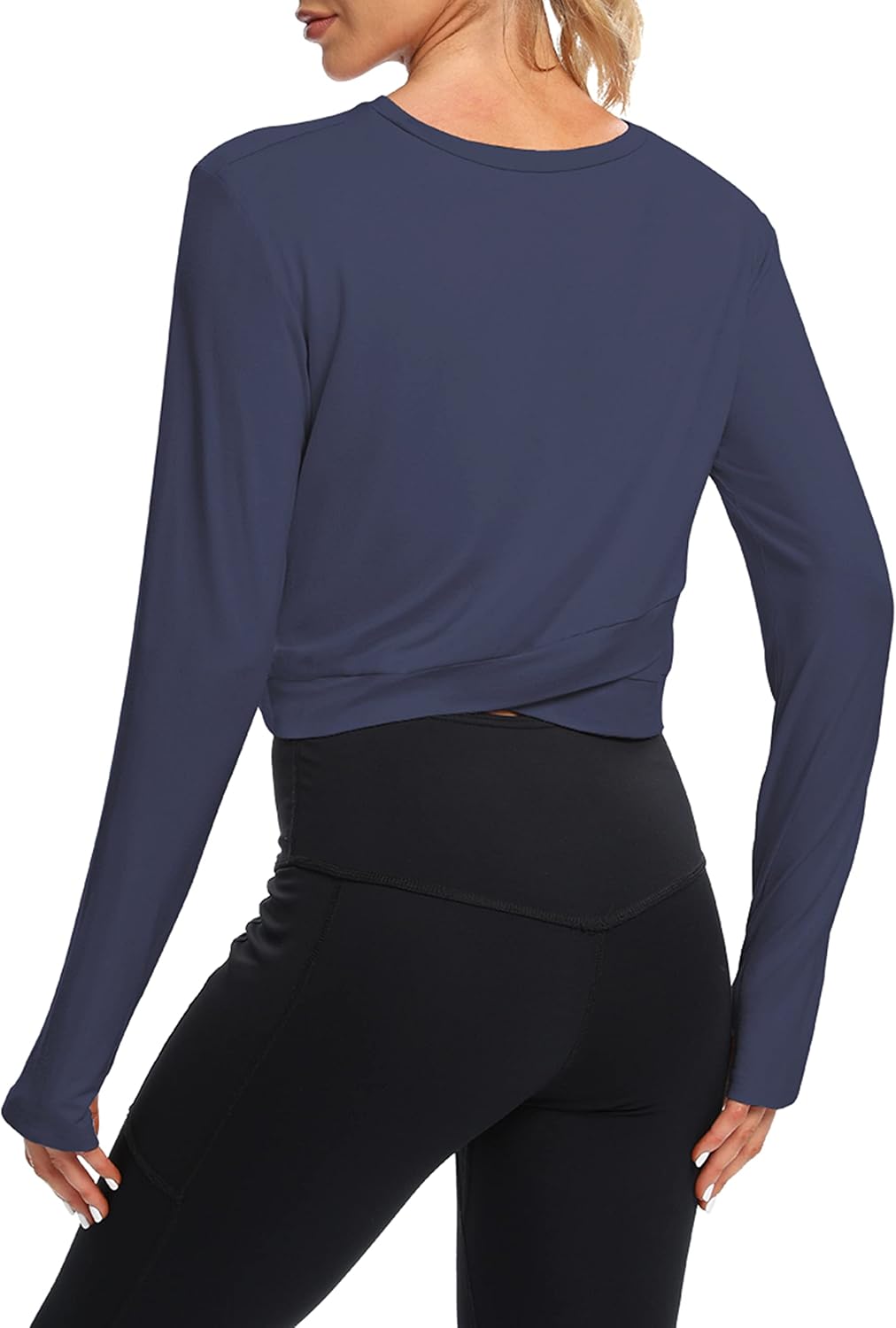 Bestisun Long Sleeve Workout Shirt Cross Back Cropped Running Athletic Tops for Women Thumb Hole
