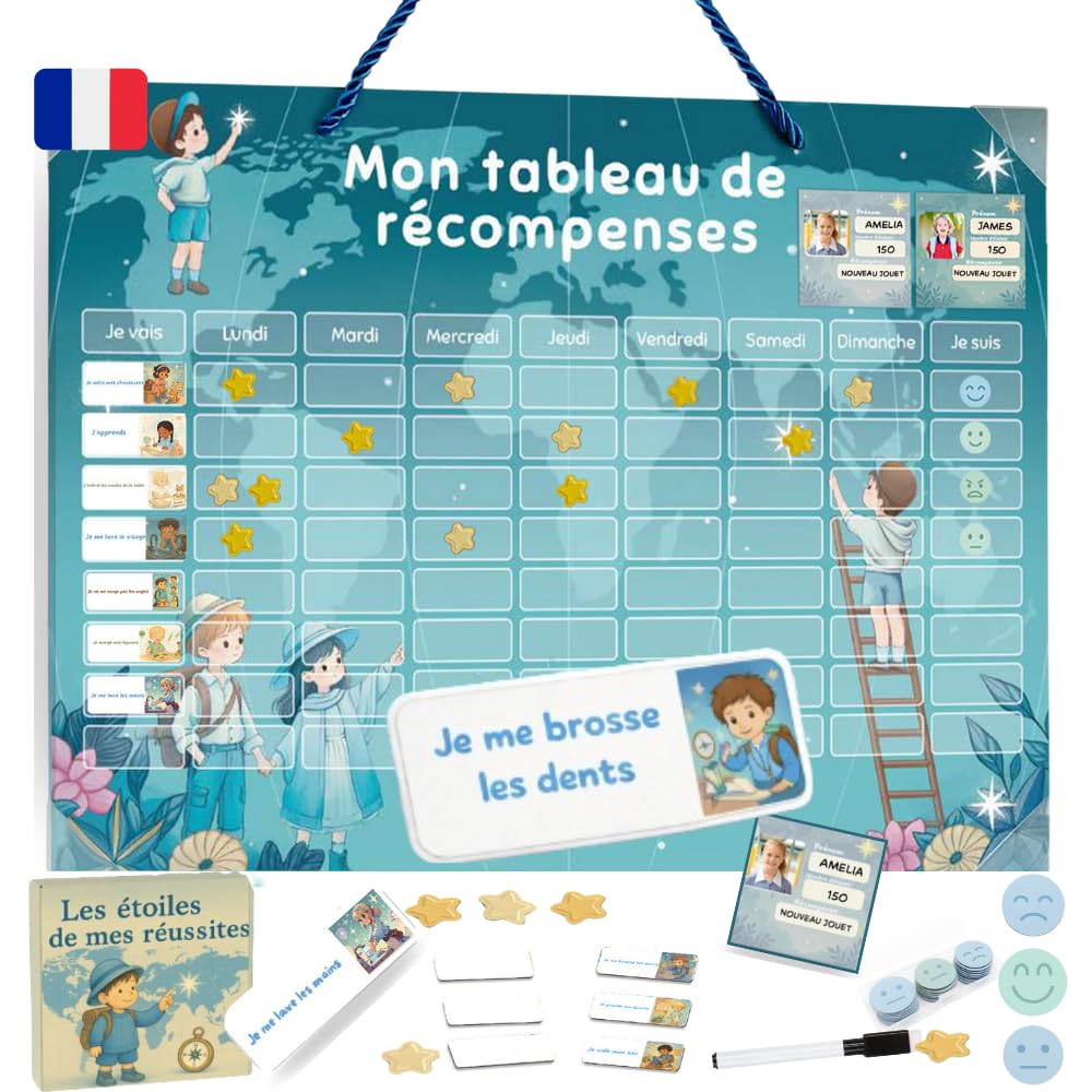 Tableau de Récompense Enfant Magnétique – Routine Matin & Soir 5-12 Ans | Tableau de Comportement et Tâches Enfant | 60 Missions + 10 Libres, 150 Étoiles, 60 Emojis, Organisation routine maison