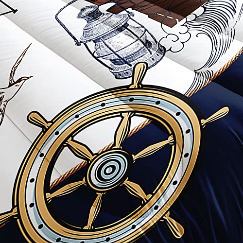 DYcolor 3D Nautical Sailing Ship Bedding Quilt, 3-Piece Blue Ocean Navigation Skull Pirate Ship Comforter Set with 1 Comforter and 2 Pillow Cases for Kids, Girls, Teens, Adults (02, Twin)