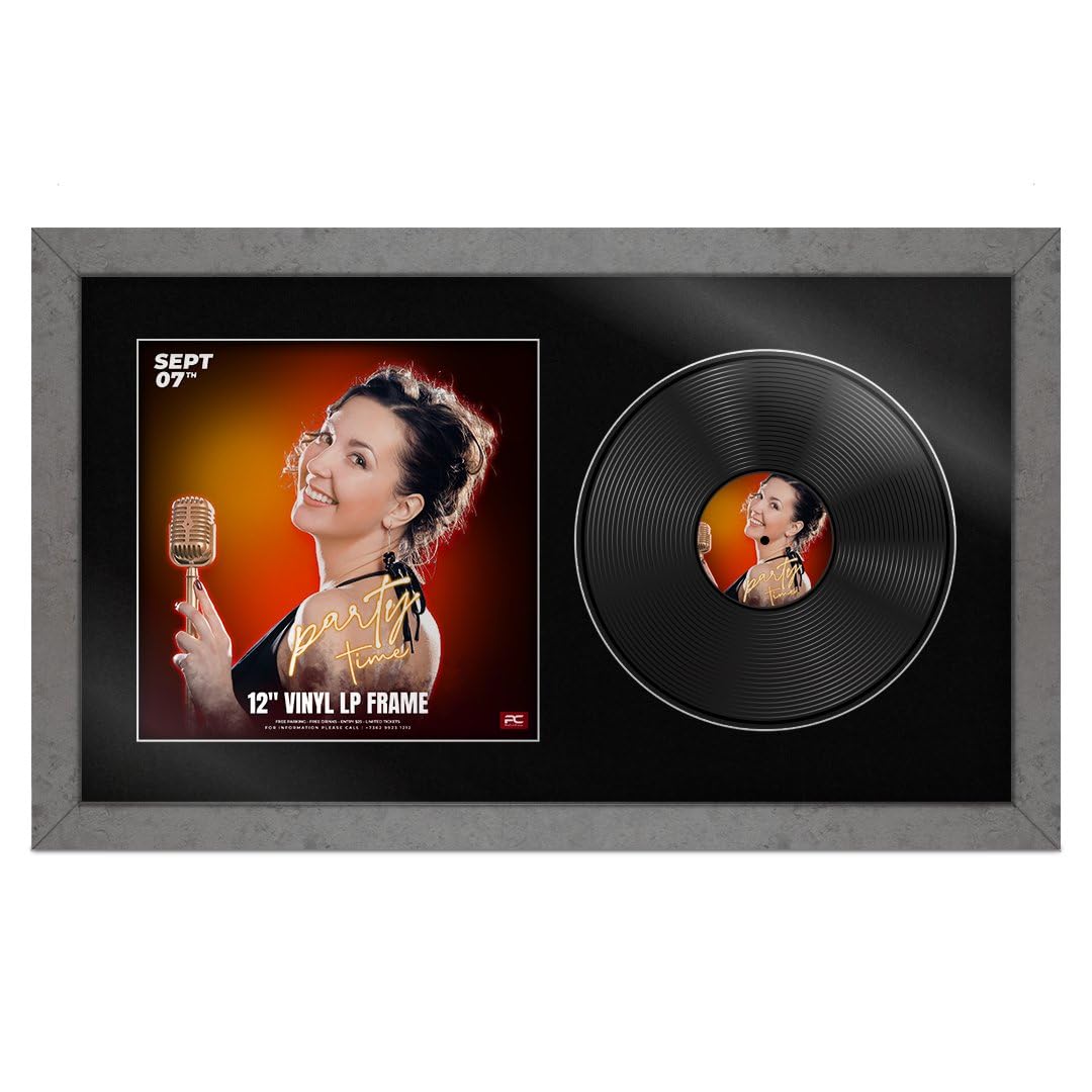 Procut Global 30X17" Grey Marble Vinyl Record Frame for 12 Inch LP Cover & Disc - Premium Display Photo Frame -Engineered Wood with Shatterproof Perspex - Music Lover Gift & Home Décor