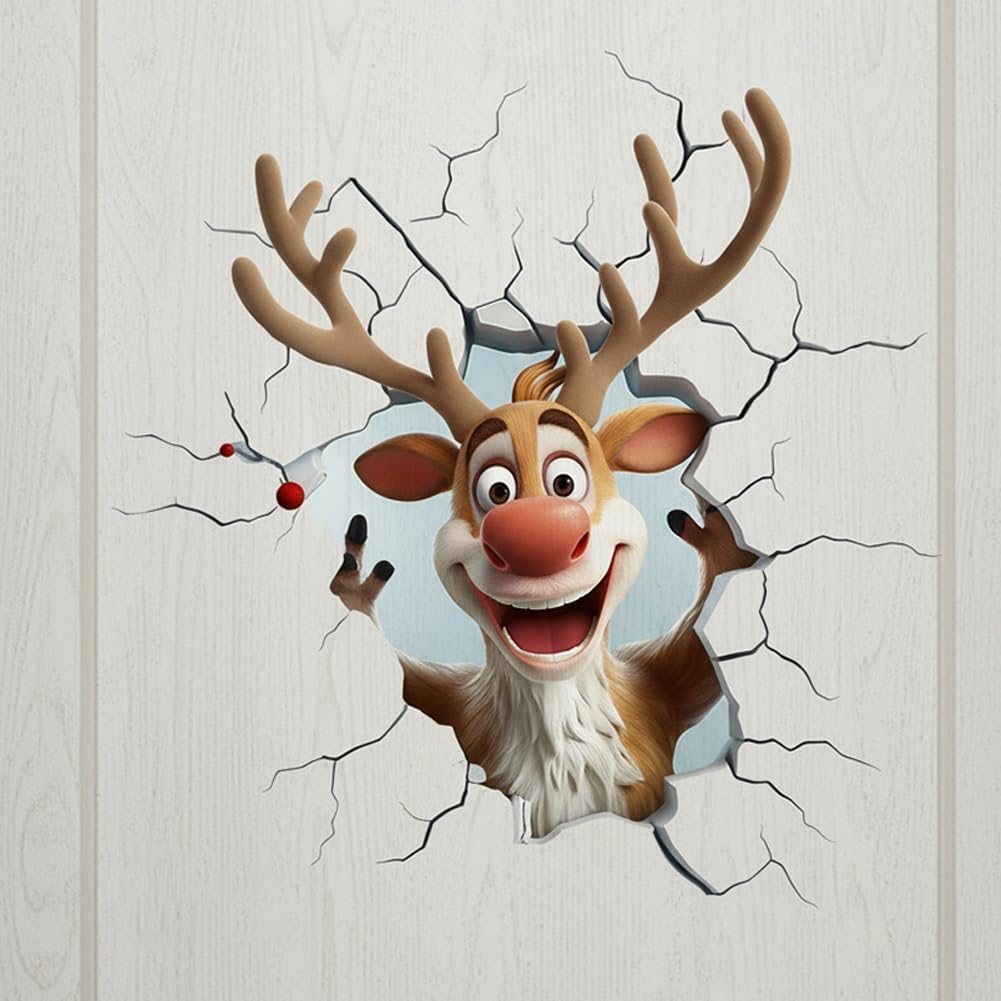 3D Santa Claus Christmas Wall Decals, Break Through Wall Reindeer Door Stickers, Removable Winter Holiday Window and Refrigerator Decorations (#E)