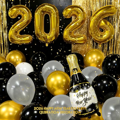 2026 New Year Eve's Party Supplies Balloons Include Golden Larger 32 inch 2026 Balloons, Black Gold and White Balloons, Champagne Bottle for 2026 Happy New Year Eve Party Celebration Decoration - Image 5