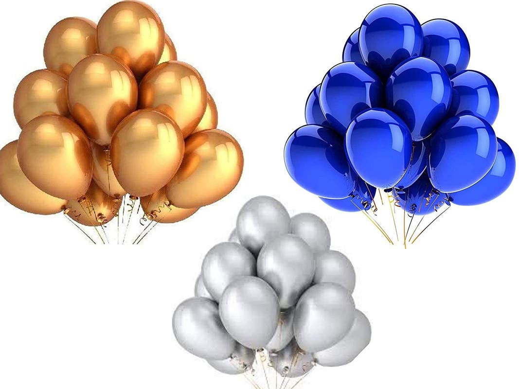 TRISHRA Party Products HD Metallic Finish Balloons for Birthday / Anniversary Party Decoration Pack of 60 Gold, Silver, Blue