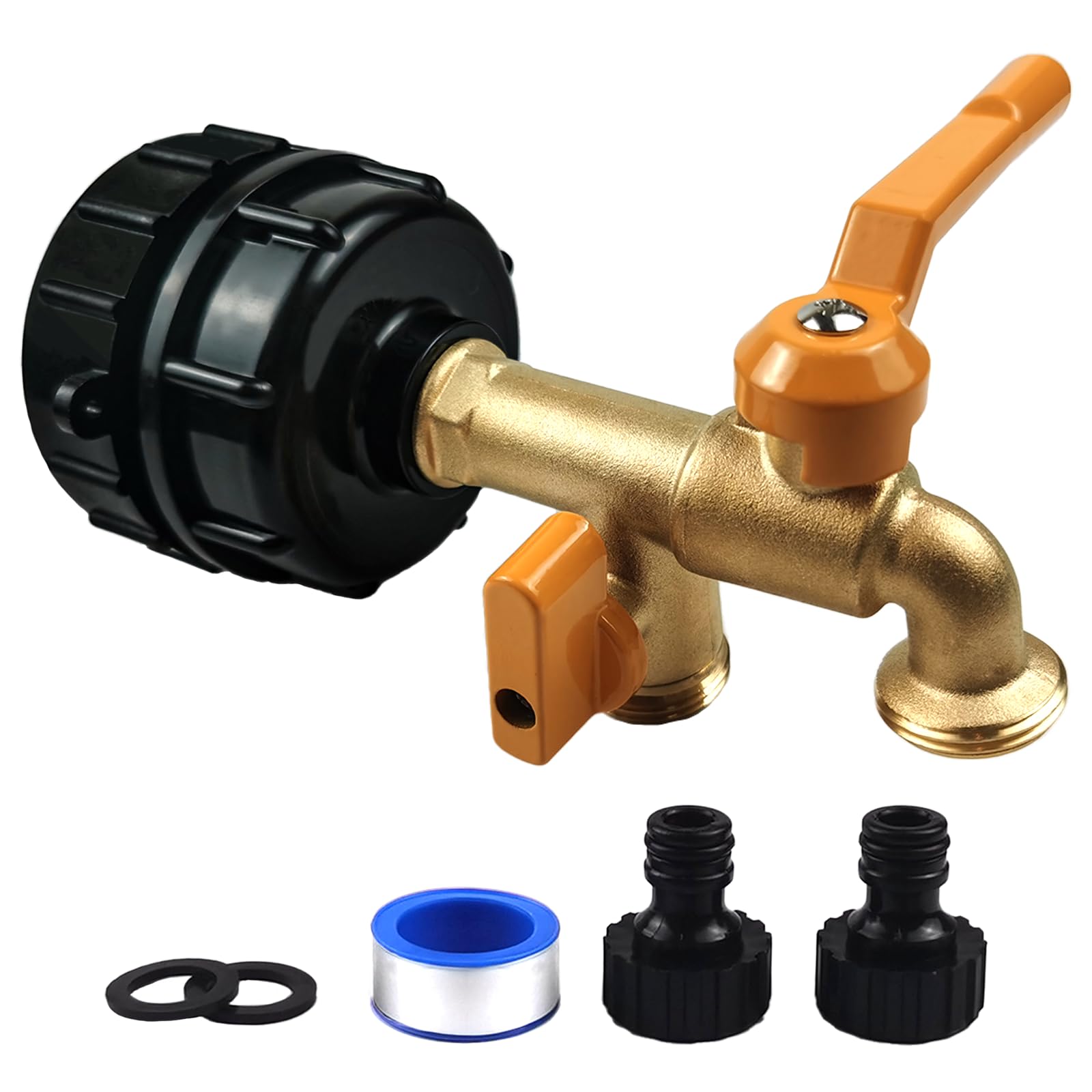 Zyklonix IBC Tote Adapter,Dual Outlet for 275-330 Gallon Tank,2 in 1 Solid Brass Faucets with 2.44"Fine Thread,IBC Tote Fittings Valve,for Garden Hose Connector Replacement