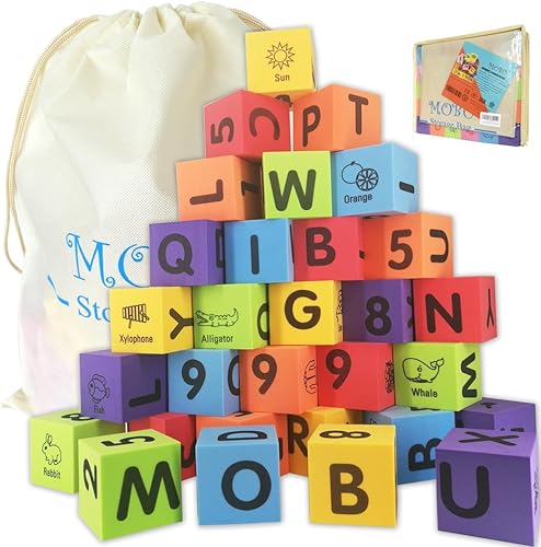MOBU Bloques de construcción de espuma para niños pequeños, 30 piezas de bloques de números de letras del alfabeto de 2 pulgadas con bolsa de
