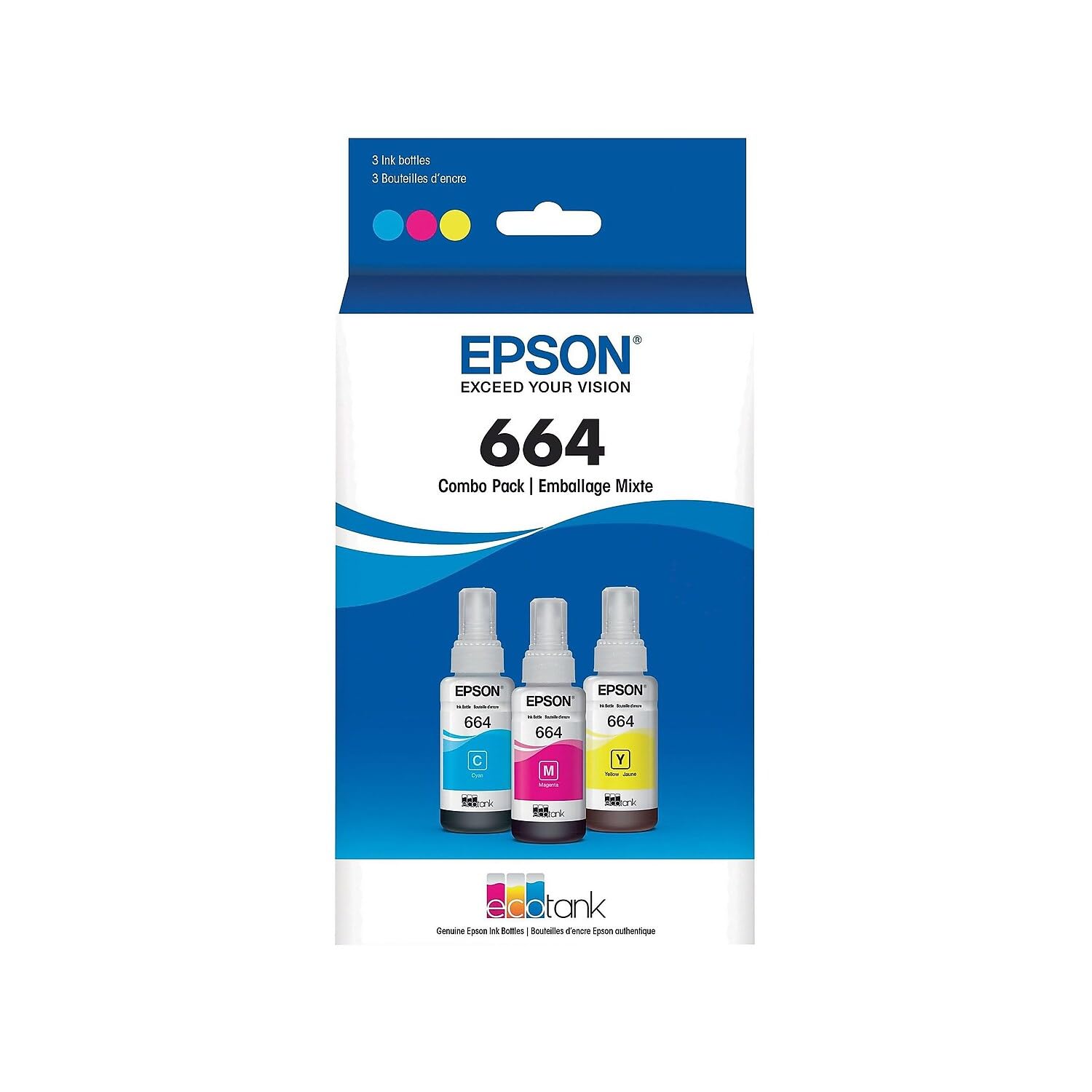 Epson664 EcoTank Ink Ultra-high Capacity Bottle Three Color CMY Combo Pack (T664520-S) Works with EcoTank ET-2500, ET-2550, ET-4500, ET-4550, ET-2600, ET-2650, ET-3600, ET-16500