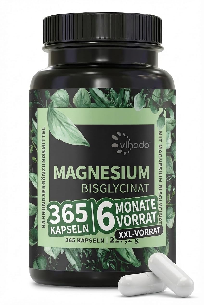 Vihado Magnesium Bisglycinat 365 XXL-Vorrat, 200 mg elementares Magnesium pro Tagesdosis, hochdosiert, 365 vegane Kapseln