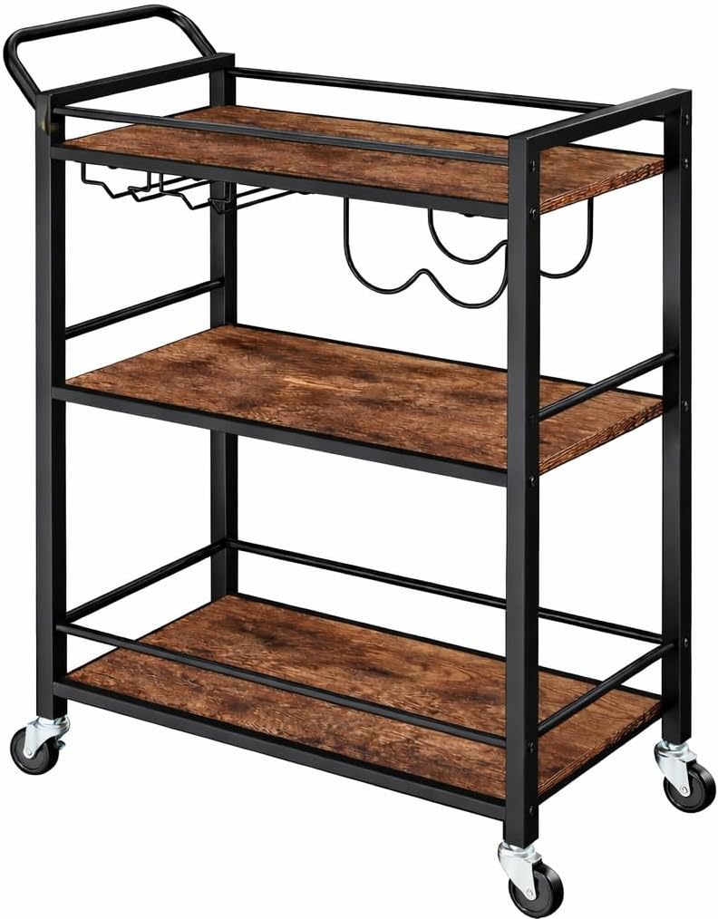 Bar Cart,3 Tier Carts with Wheels,Serving Rolling Carts,Small Wine Rack and Glass Holder Rolling Cart for Kitchen, Outdoor, Dining Room-Black.