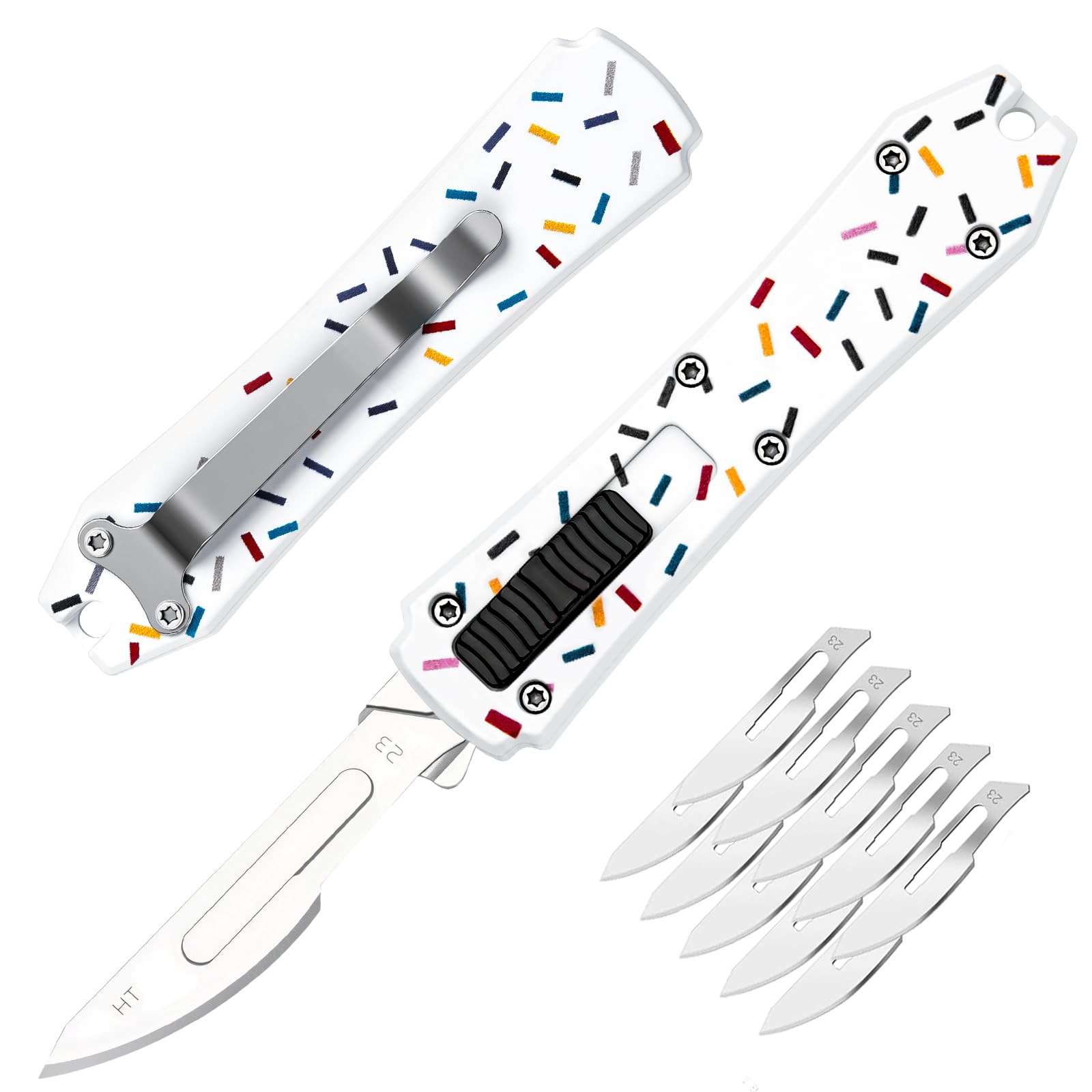 Automatic Utility Knife,All Metal Construction Carbon Stainless Steel Blade,EDC Push Button Quick Change Retractable Box Cutter with Clip,10PCS #24 Blades Replacement,White Doughnut