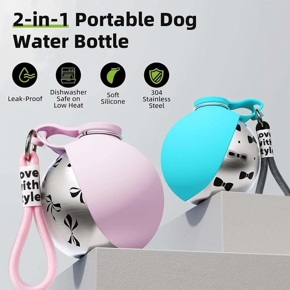 2-in-1 Portable Dog Water Bottle for Small Dogs, Leak Proof Stainless Steel Dog Travel Water Bottle and Bowl, 10oz Foldable Pet Water Bottle for Walking, Hiking, Travel, Puppy & Cat (2PCS-A)