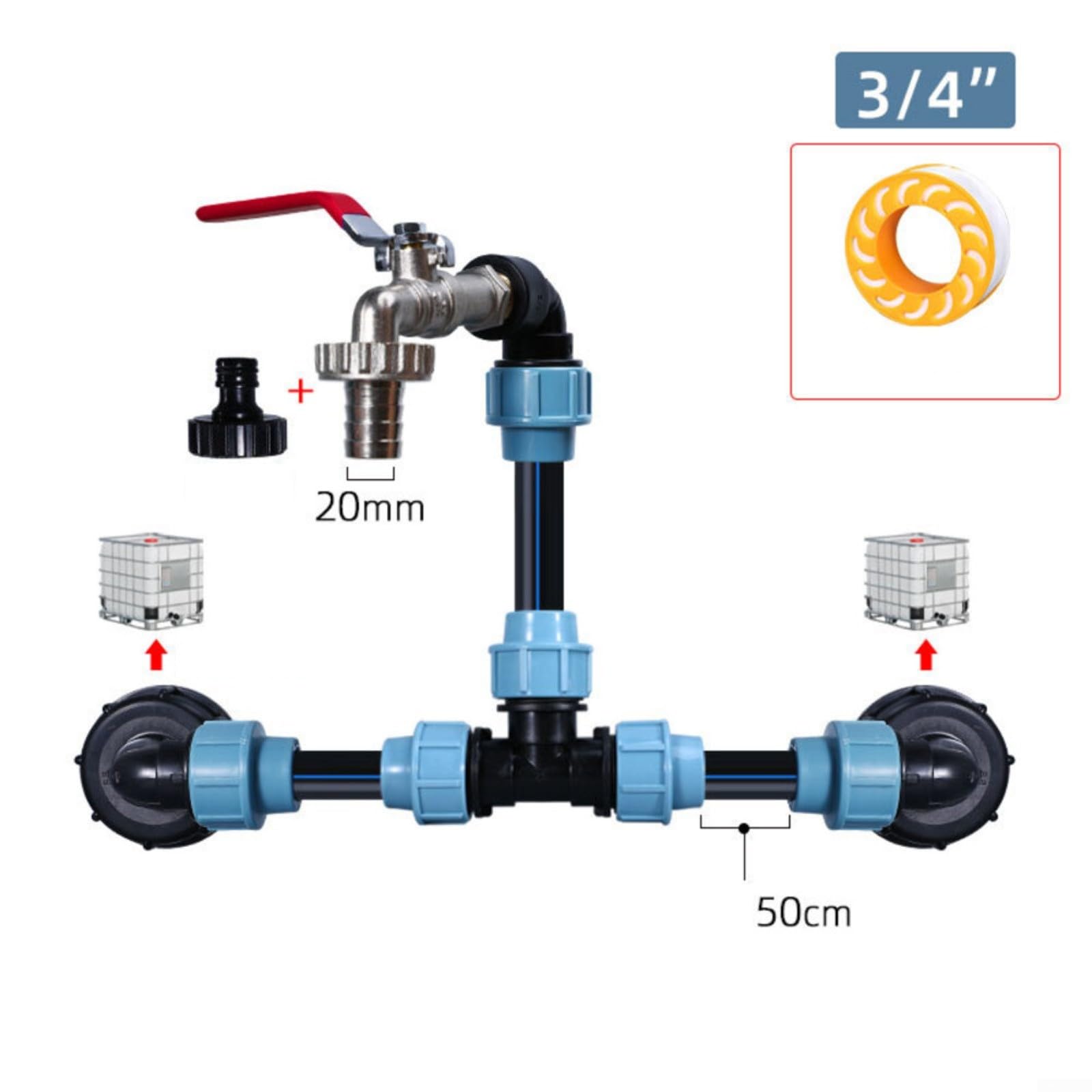IBC - Adaptador de tanque para válvula de drenaje, conector de rosca de tanque para grifo de jardín de agua, PVC para gestión del agua y proyectos de riego (3/4 pulgadas)