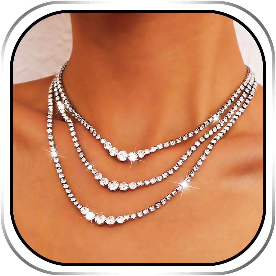 SixexeyLayered Rhinestone Necklaces Silver Crystal Necklace Chains Sparkly Party Necklace Jewelry for Women and Girls