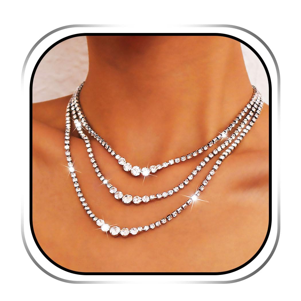 SixexeyLayered Rhinestone Necklaces Silver Crystal Necklace Chains Sparkly Party Necklace Jewelry for Women and Girls