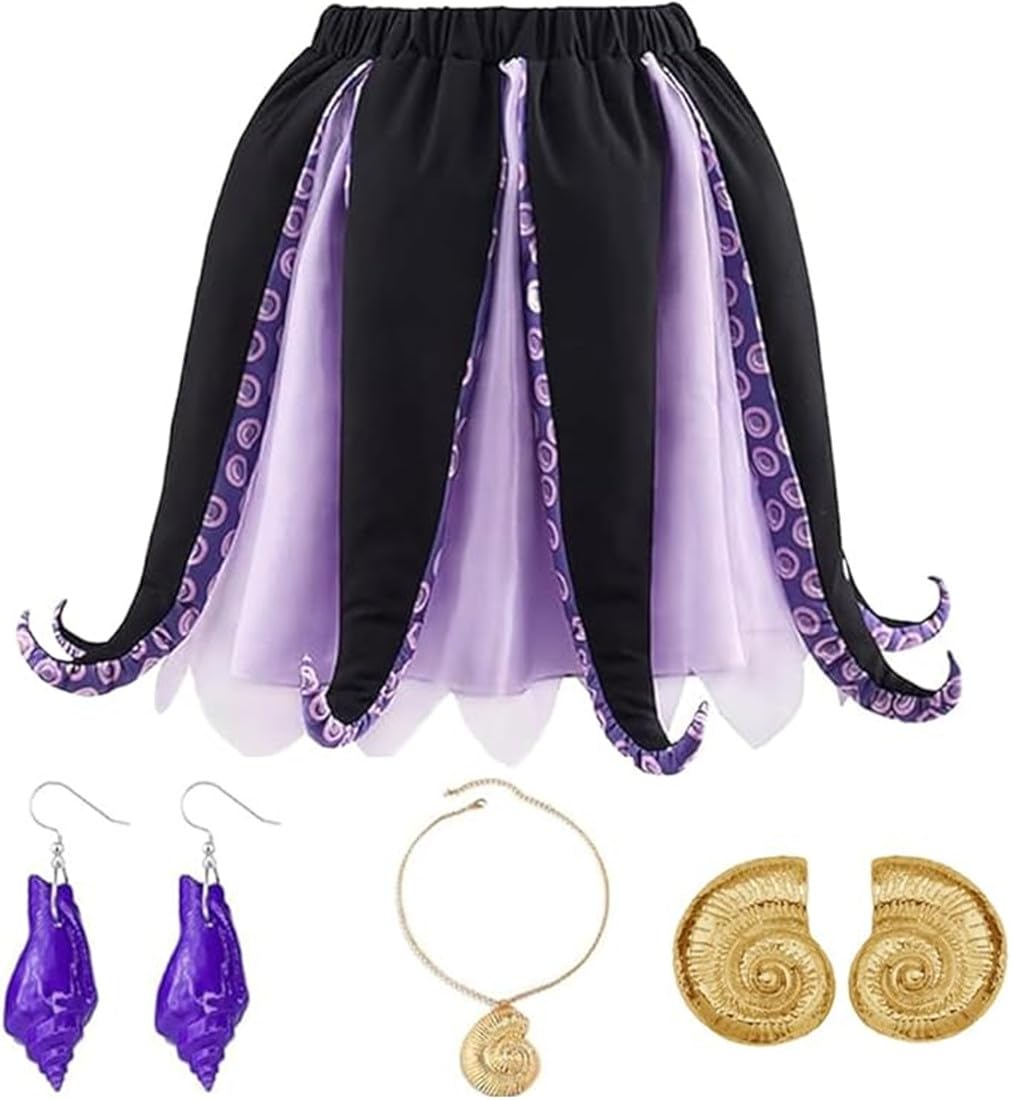 SZJIAHTM Women's Ursula Costume Purple Octopus Skirt Dress Necklace Earrings Cosplay Set for Halloween Party Outfit