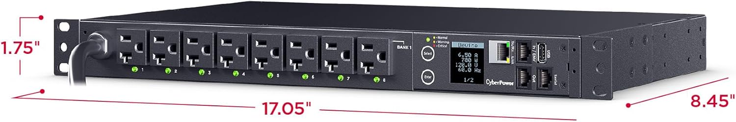 CyberPower PDU41023 Switched PDU, 100-120V, 30A (Derated to 24A), 16 Outlets, 1U Rackmount, 12 Foot Power Cord