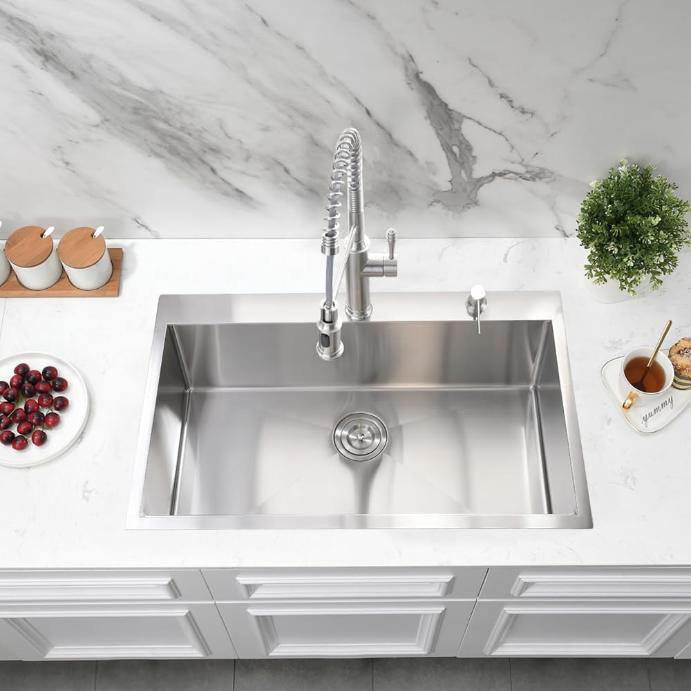 28 Inch Drop in Kitchen Sink, 28" x 19" 16 Gauge Stainless Steel Deep Kitchen Sink Single Bowl Basin with Drain Strainer