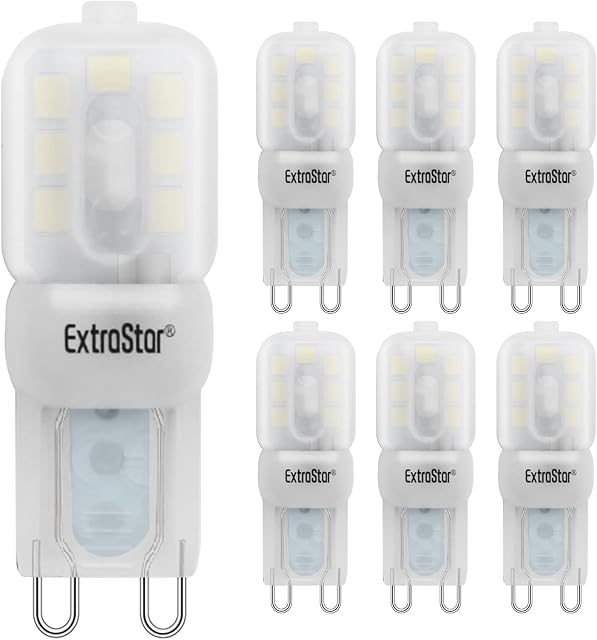 EXTRASTAR G9 LED Light Bulbs 2.5W, Cool White 6500K Daylight, 180LM, Equivalent to 19W Halogen Light, Mini LED Energy Saving Lamp, Non-Dimmable, Pack of 6