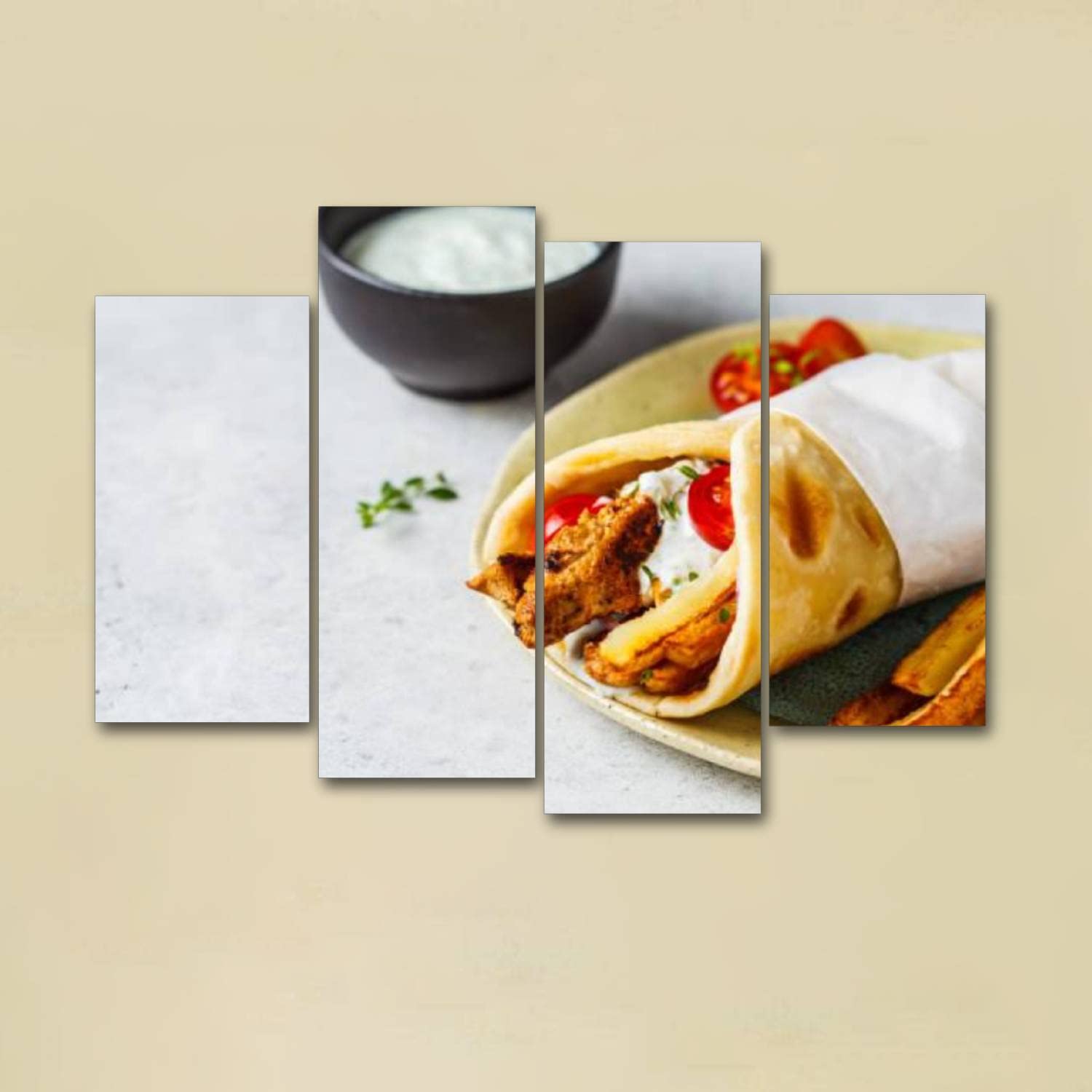 Canvas Print Artwork Gyros souvlaki wraps in pita bread with chicken potatoes and tzatziki Wall Art Pictures Framed Digital Print Abstract Painting Room Home Office Decor Ready to Hang - 4 Panel