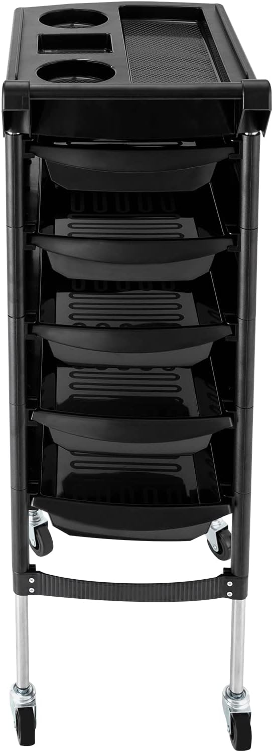 Professional Salon Trolley, Black Salons Trolley Cart with with Handle and Wheels, 5 Drawers and 2 Hair Dryer Holder Side Tray, Rolling Salon Cart, for Hair Stylist, Beauty, Tattoo