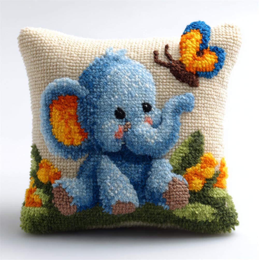 Taxpy Latch Hook Pillow Case Kit for Adults - Baby Elephant and Butterfly DIY Cushion Cover Cross Stitch Embroidery 17X17Inch/43X43Cm - Home Decor